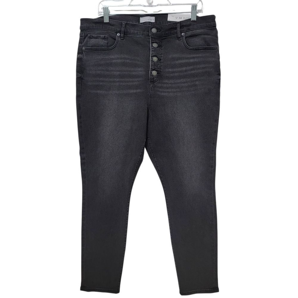 Loft | Petite High Rise Skinny Jeans Exposed Button Fly Faded Black 18 / 34P